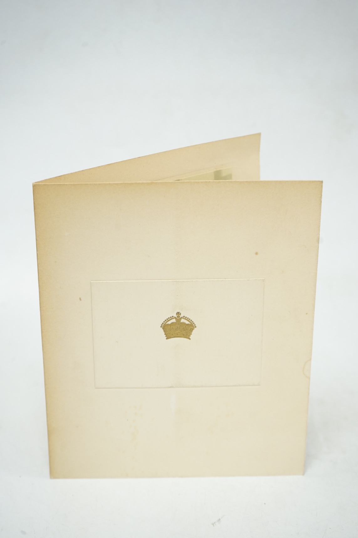 A Royal Christmas card from HM King George VI and Queen Elizabeth for 1943, published by Raphael Tuck and Sons Ltd. with a gilt embossed crown on the front, inside; ‘with best wishes for Christmas and the New Year 1943,